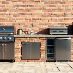 Outdoor kitchen appliance layout: grill, sink, fridge, and storage